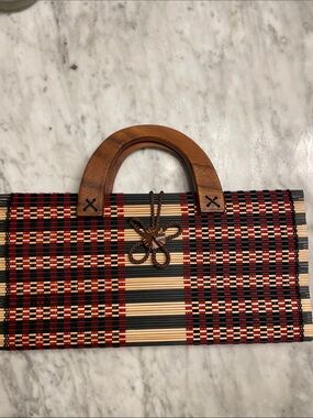 Woven Bamboo Clutch with Wooden Handles - Red, Black & Natural